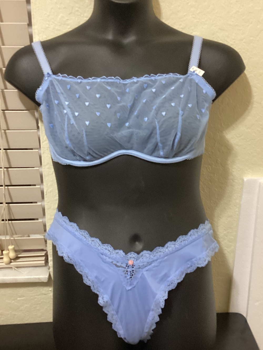 PINK Victoria's Secret Light Blue Sheer Heart Lace Bralette & Bikini Set